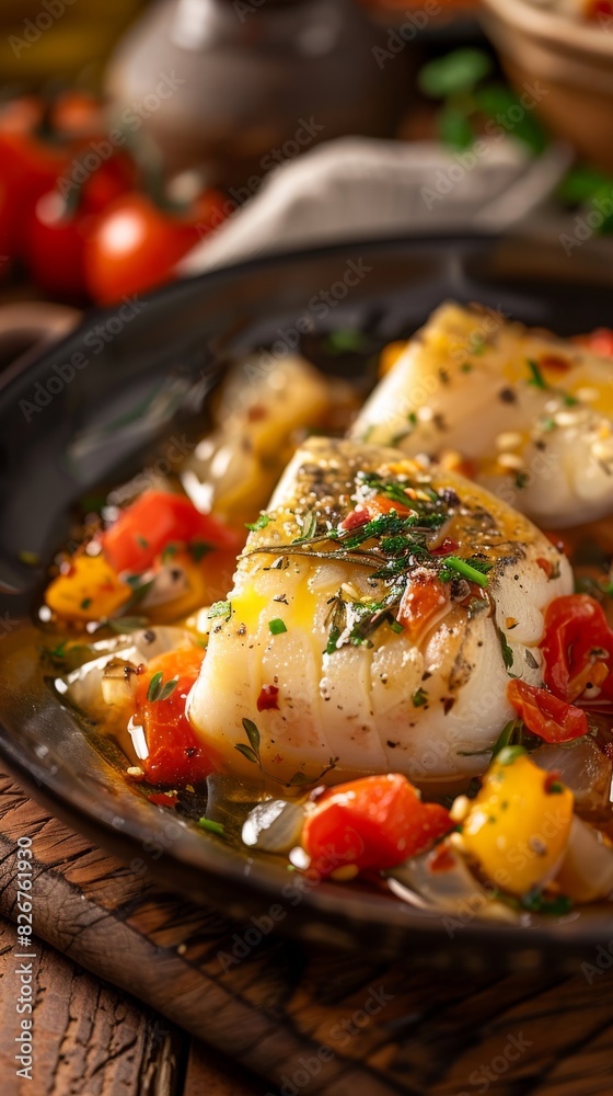 Plate of Fish and Vegetables on Wooden Table Plate of Fish and Vegetables on Wooden Table