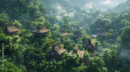 Landscape view of a tribal village deep in the rainforest
