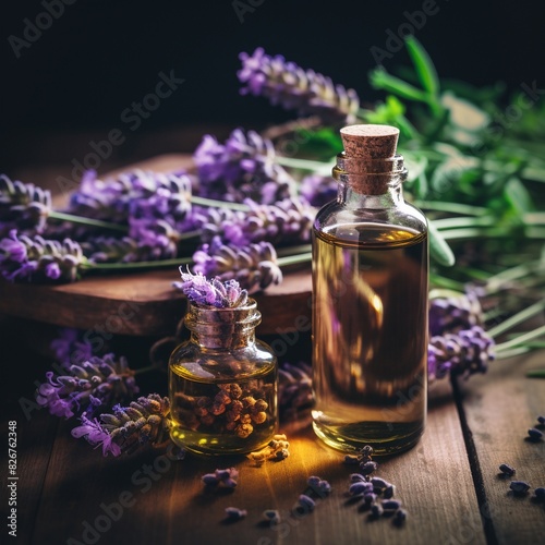 Bottles with essential oil and lavender flowers  holistic medicine background