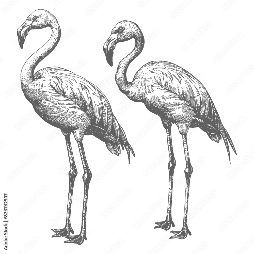 Fototapeta premium Flamingo Birds full body with engraving style black color only