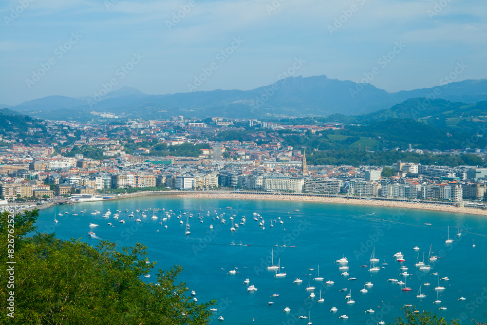 Skyline of the Basque city of San Sebastian from Mount Igueldo on a sunny summer day