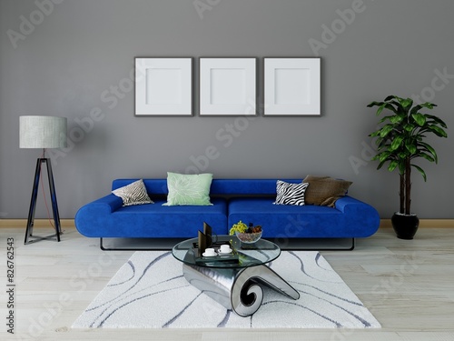 Mock up of a spacious living room with a compact comfortable sofa and a stylish decorative background, 3D rendering. photo