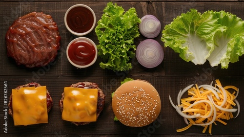 Ingredients of a beef burger with cheddar cheese onion lettuce and barbecue sauce with cheese lettuce and onion in the backdrop