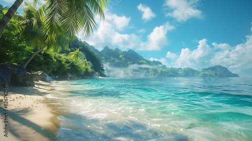 Landscape view of a tropical beach with palm trees and crystal clear water