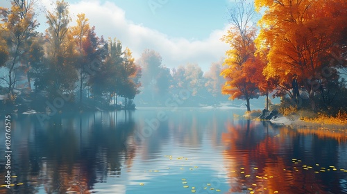 Landscape view of a tranquil lake surrounded by autumn trees