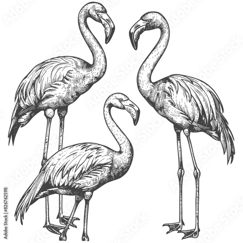 Flamingo Birds full body with engraving style black color only