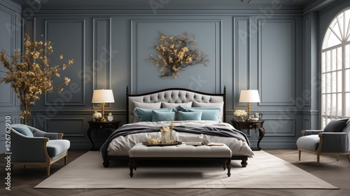 Un intérieur de boudoir luxueux avec un lit élégant et un sofa confortable, éclairé par une lampe douce. photo