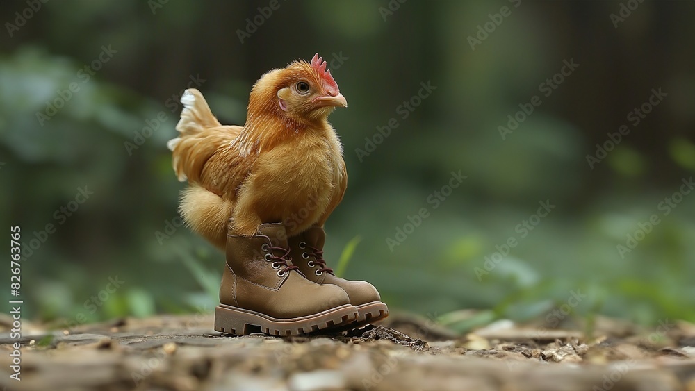 Fototapeta premium Henne mit Stiefel posiert witzig