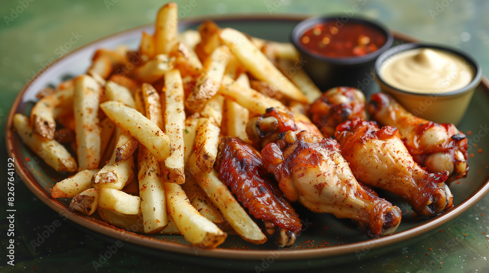 pommes, hühnchen fastfoof teller