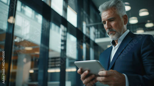 Modern Business Manager in Professional Office: Using Tablet for Productivity and Technology