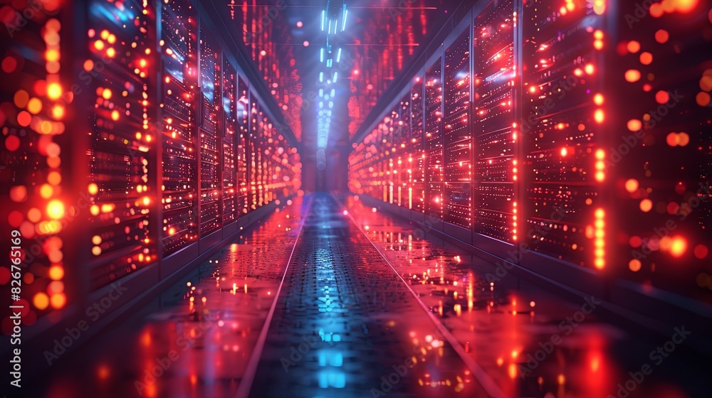 A vibrant image of a futuristic server room with red and blue lights illuminating the corridor