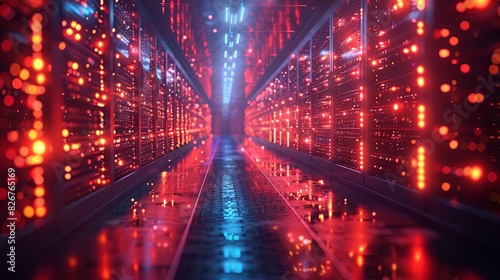 A vibrant image of a futuristic server room with red and blue lights illuminating the corridor © AS Photo Family