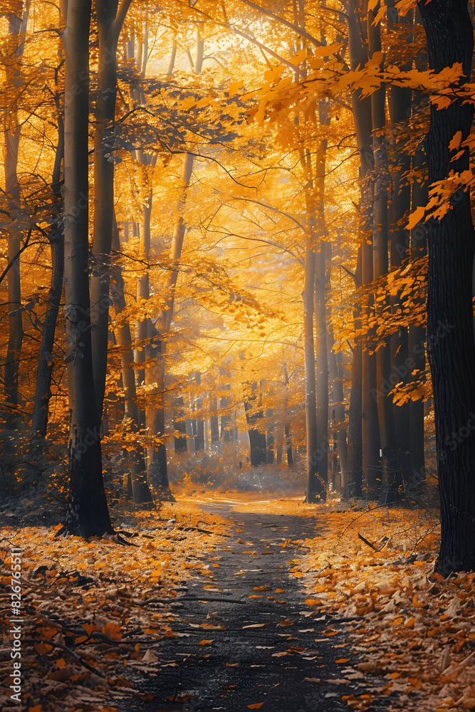 Autumn Pathway Through a Vibrant Forest with Sunlit Foliage and Fallen Leaves