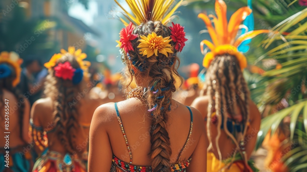 Close-up shot of a female carnival dancer, adorned with a vibrant floral headpiece, at a festive event