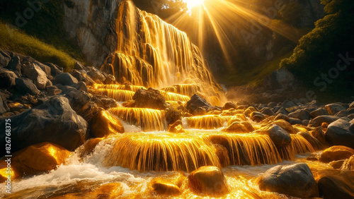 Golden Radiance A Majestic Sunrise Waterfall Cascading Over Rocks