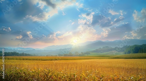 Picturesque scenery combining the sky mountains and cornfield in a peaceful natural setting