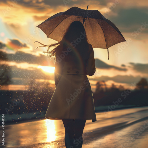 Donna di spalle cammina in strada urbana con ombrello scuro alla luce del tramonto che evidenzia le gocce di pioggia in un arcobaleno photo