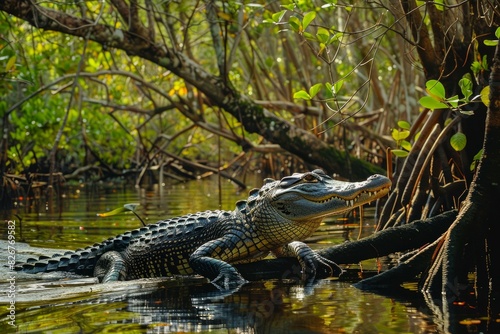 Striking image showing a young alligator basking on a wetland bank among mangrove roots © ylivdesign