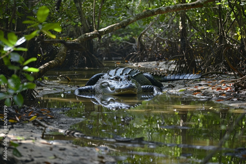 Imposing alligator lies still amidst the serene mangrove swamp, perfectly camouflaged and ready Imposing alligator lies still amidst the serene mangrove swamp, perfectly camouflaged and ready