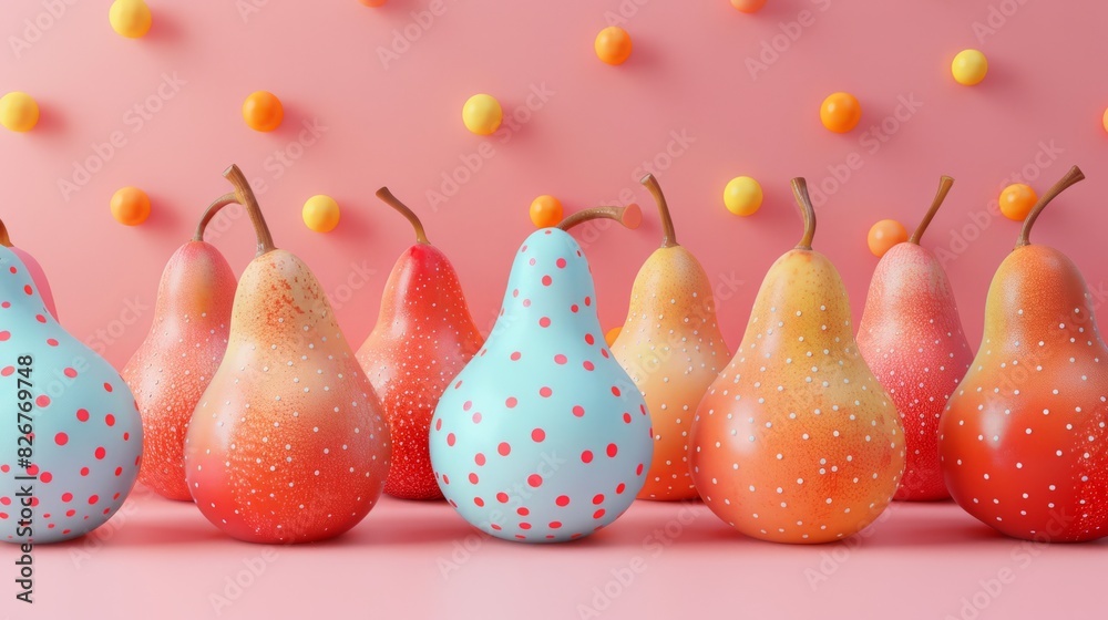 Digitally created pears with colorful dots, displayed on a pink background. The lively and playful design evokes a sense of fun and creativity. Summer and fun concept of colorful happy fruit.
