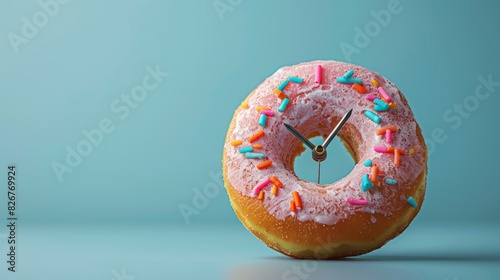 Creative concept of a pink frosted donut with sprinkles designed to look like an alarm clock on a blue background. Copy space.