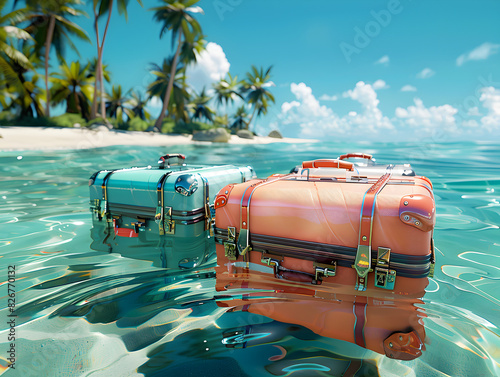 Colorful suitcases floating serenely in the crystal clear blue waters of a tropical paradise, surrounded by palm trees, summer vacation travel destination wallpaper, background