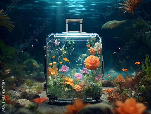 Enchanted, crystal-clear rolling suitcase becomes an aquarium with a variety of flowers and plants underwater, abstract ocean underwater shot, summer vacation travel design, background, wallpaper