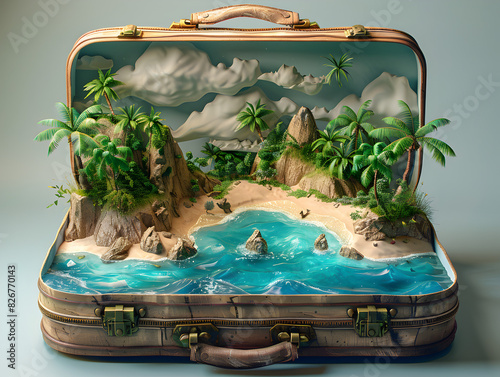 A vintage suitcase opens up to reveal a stunning miniature diorama of a tropical beach with palm trees and ocean waves, a summer travel vacation paradise beach destination for relaxation 