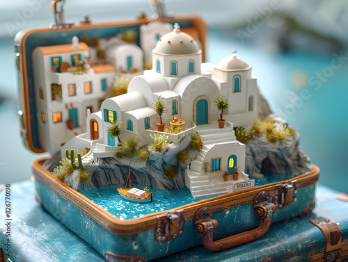 A beautifully detailed miniature village with blue and white themes in an open vintage suitcase, Greek island Santorini summer vacation top travel destination commercial, background wallpaper