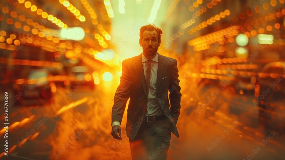 A dynamic businessman with electrifying speed in a retro city environment A dynamic businessman with electrifying speed in a retro city environment