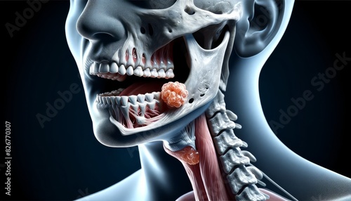 3D Medical Illustration of Oral Cancer. Detailed 3D medical illustration depicting oral cancer with tumors in the mouth and throat region