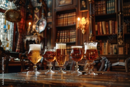 Four glasses of beer are placed on a wooden table in a library beside a window