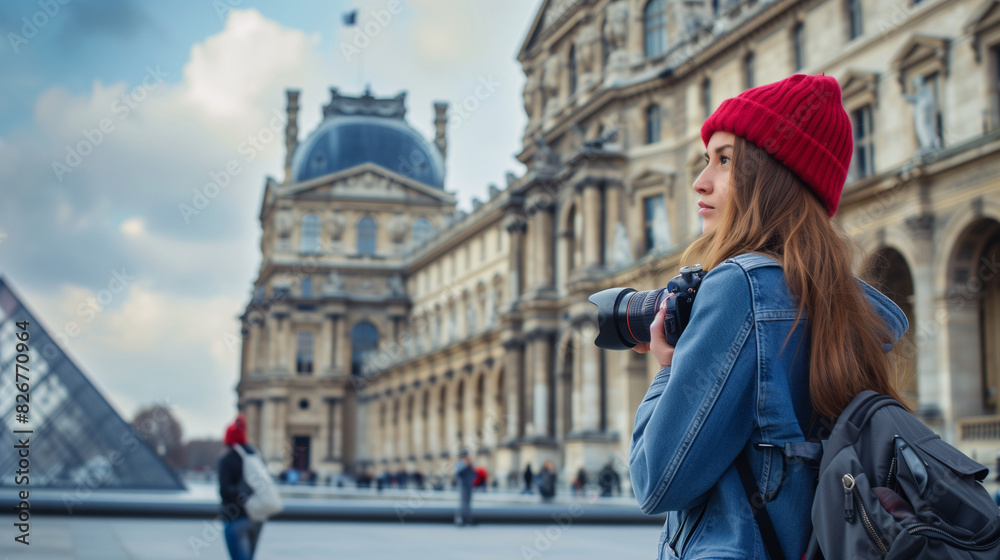 Fototapeta premium Tourist exploring near Louvre museum in Paris
