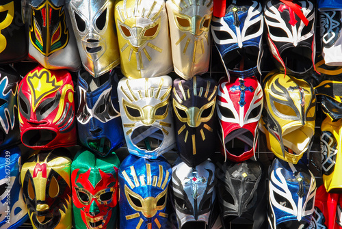 Mexican wrestling masks, colorful group of wrestling masks from Mexico, Mexican culture photo