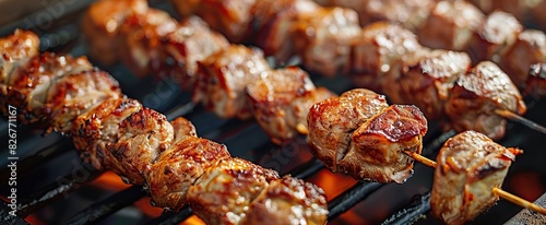 Close up of toasted shashlik on skewers. Succulent barbecue roasting on chargrill photo