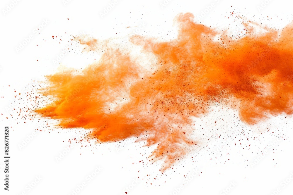 Scatter of orange chalk and dust particles, vividly exploding on a white background Scatter of orange chalk and dust particles, vividly exploding on a white background