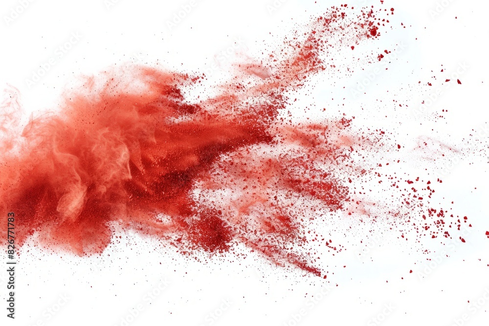 Scatter of red chalk and dust particles, vividly exploding on a white background