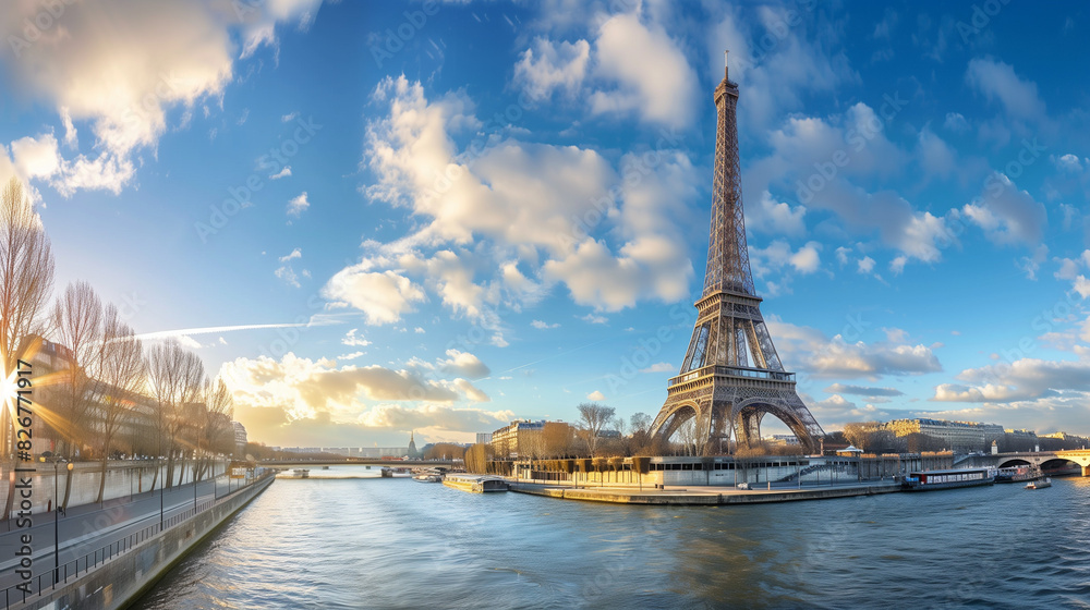 Paris Sunny Day Panoramic View: Eiffel Tower & Seine River Landscape Paris Sunny Day Panoramic View: Eiffel Tower & Seine River Landscape