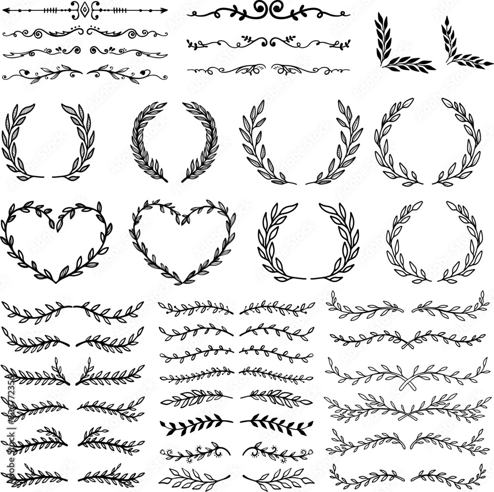 Fototapeta premium Set of hand drawn leaves, branches, flowers, flourishes. Design element for banner, sign, poster, decoration. Vector illustration