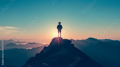 Graduation Cap Silhouetted on Mountain Peak A Symbol of Leadership and Ambition