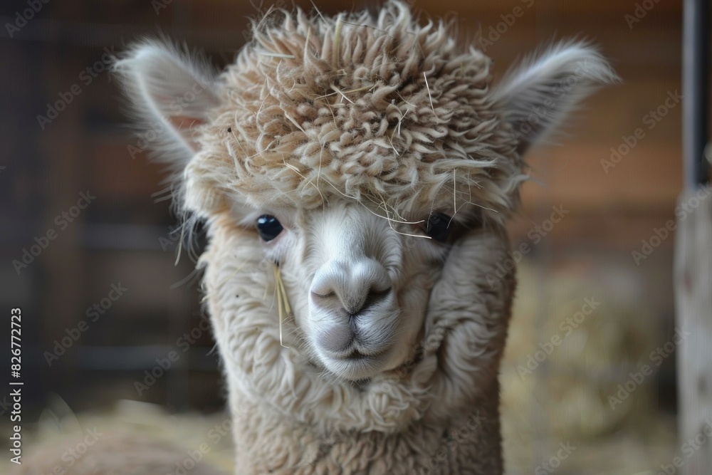 Fototapeta premium Highresolution, closeup photograph of a charming alpaca with fluffy fleece