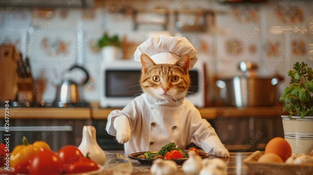 A charming cat in a chefs outfit is standing in the kitchen