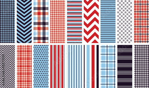 Red, white, and blue seamless pattern set. 18 repeating patterns for fabric, backgrounds, apparel, paper, scrapbooking, and more. Nautical, preppy, classic, retro, modern geometric prints.