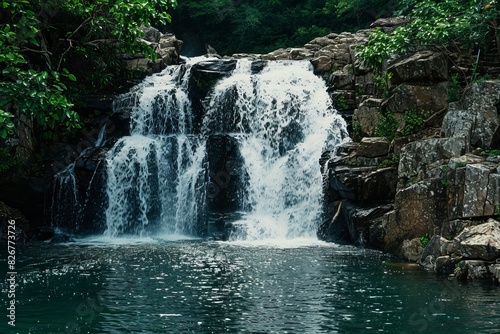 A calm waterfall tumbling into a swimming pool below. 
