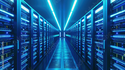 Servers Glowing in Futuristic Data Center Hallway