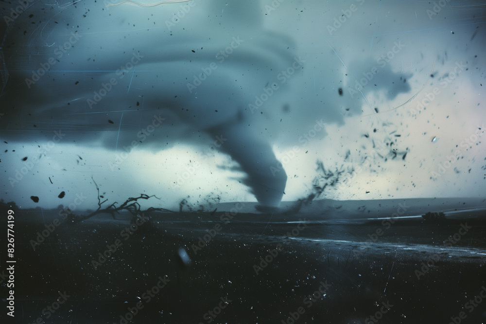 Obraz premium Waterspout. a funnel-shaped vortex of air and water formed over a body of water and connected to a cloud. Natural disaster concept. Illustration for article, design, print, poster.