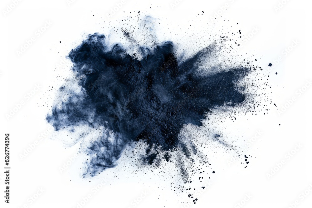 Sudden explosion of navy blue chalk dust, crisply isolated on a white background Sudden explosion of navy blue chalk dust, crisply isolated on a white background