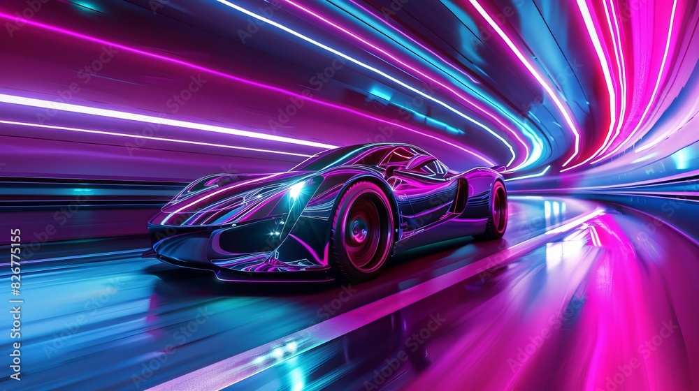 A high-speed electric sports car races through a neon-lit tunnel, leaving colorful light trails in its wake. This futuristic supercar is depicted in a 3D rendering.
