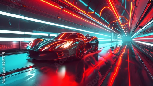 A futuristic sports car speeding through a tunnel illuminated by neon light strips. 3D illustration.
