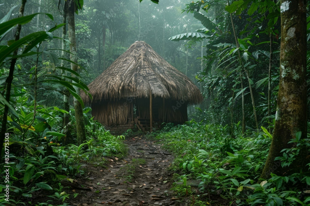 Traditional thatched hut in a misty tropical rainforest, evoking mystery and tranquility